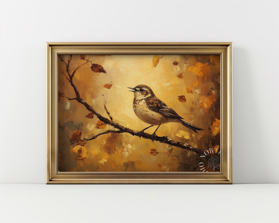 Autumn Songbird on Branch Painting Golden Falling Leaves Moody Bird Poster