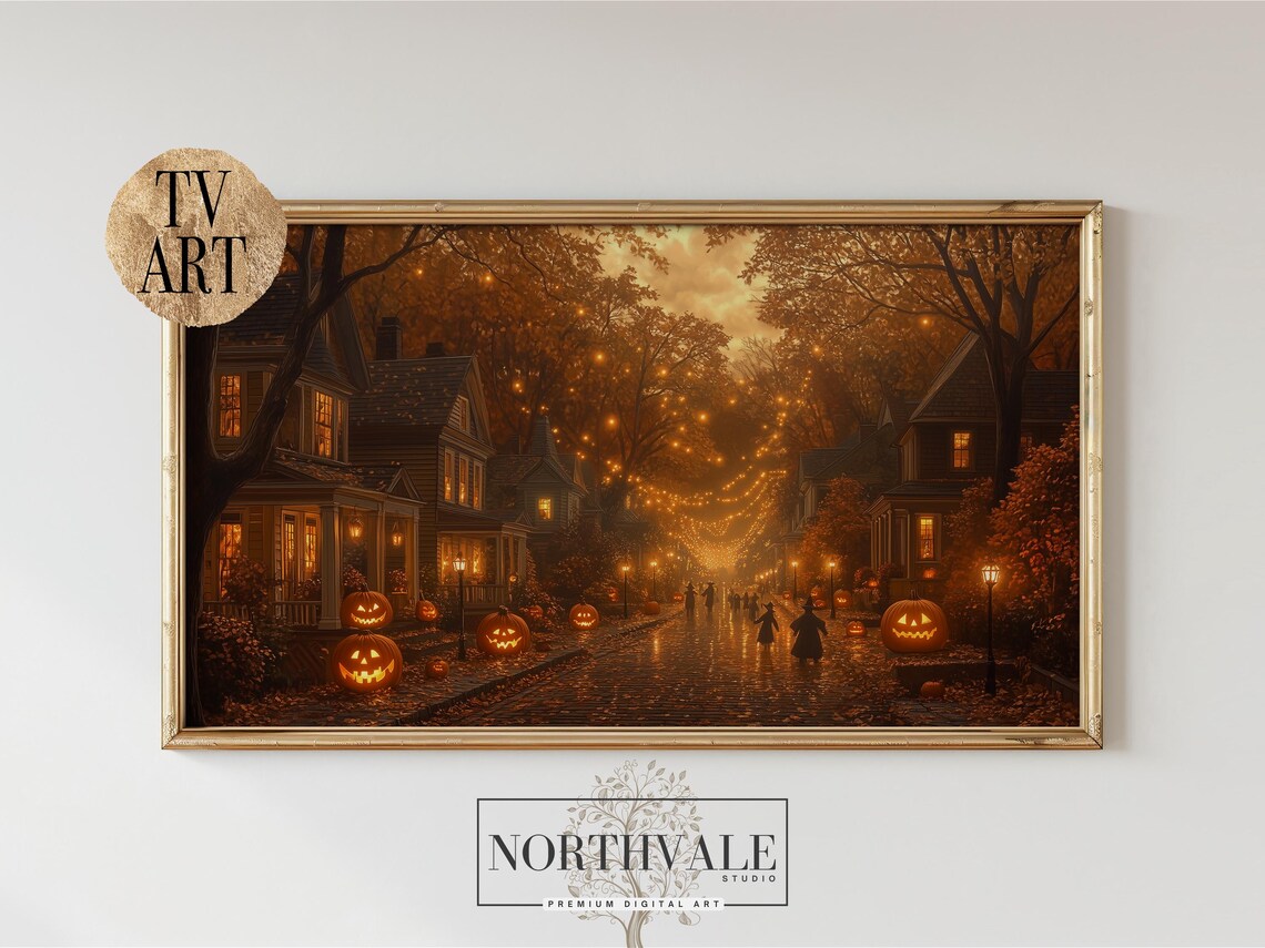 Spooky Halloween Suburban Street Jack O Lanterns Glowing Dusk Poster