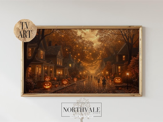 Vintage Autumn Suburban Street Frame Tv Art Rustic Halloween Scene Wall Decor Cosy Fall Evening Painting 127