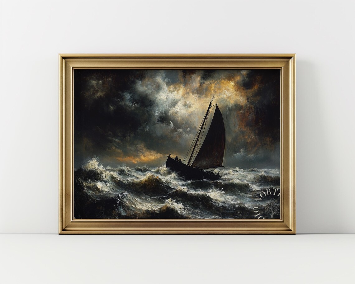 Stormy Sea Oil Painting, Rustic Nautical Art Print