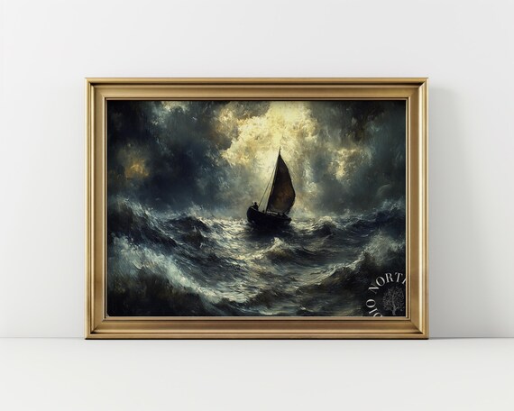 Stormy Sea With Fishermans Boat, Vintage Art Print