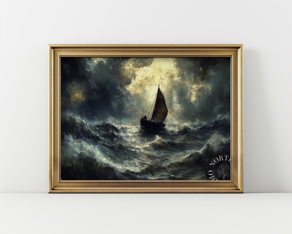 Stormy Sea With Fishermans Boat, Vintage Art Print