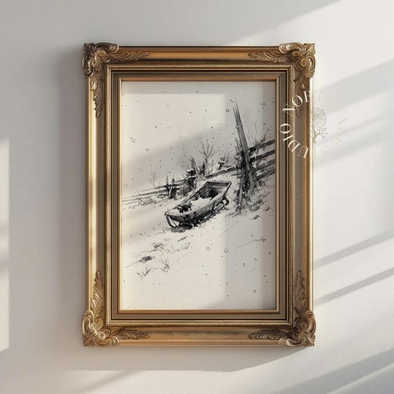 Winter Sled Scene Vintage Ink Drawing Of Childs Snowy Countryside Art Rustic Wall Decor Print 136
