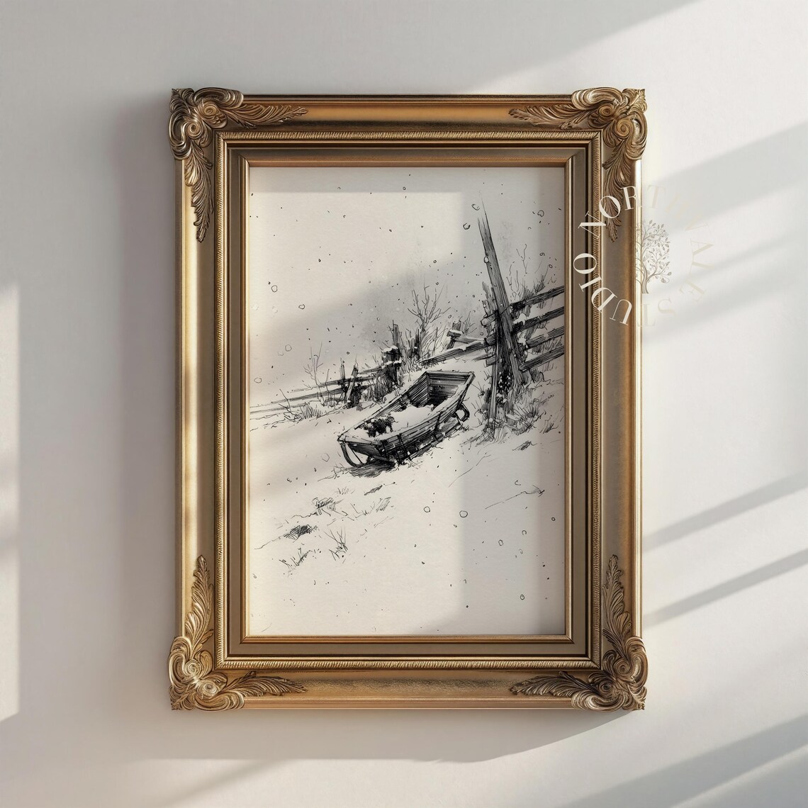Vintage Winter Sled Ink Drawing Rustic Snowy Countryside Poster
