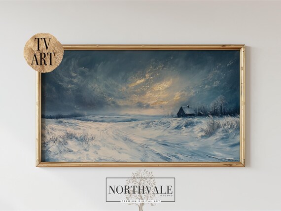 Moody Winter Dusk Landscape Cabin In Snow Textured Art Poster