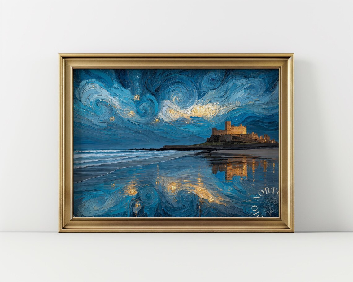 Bamburgh Castle at Night, Moody Beach Landscape