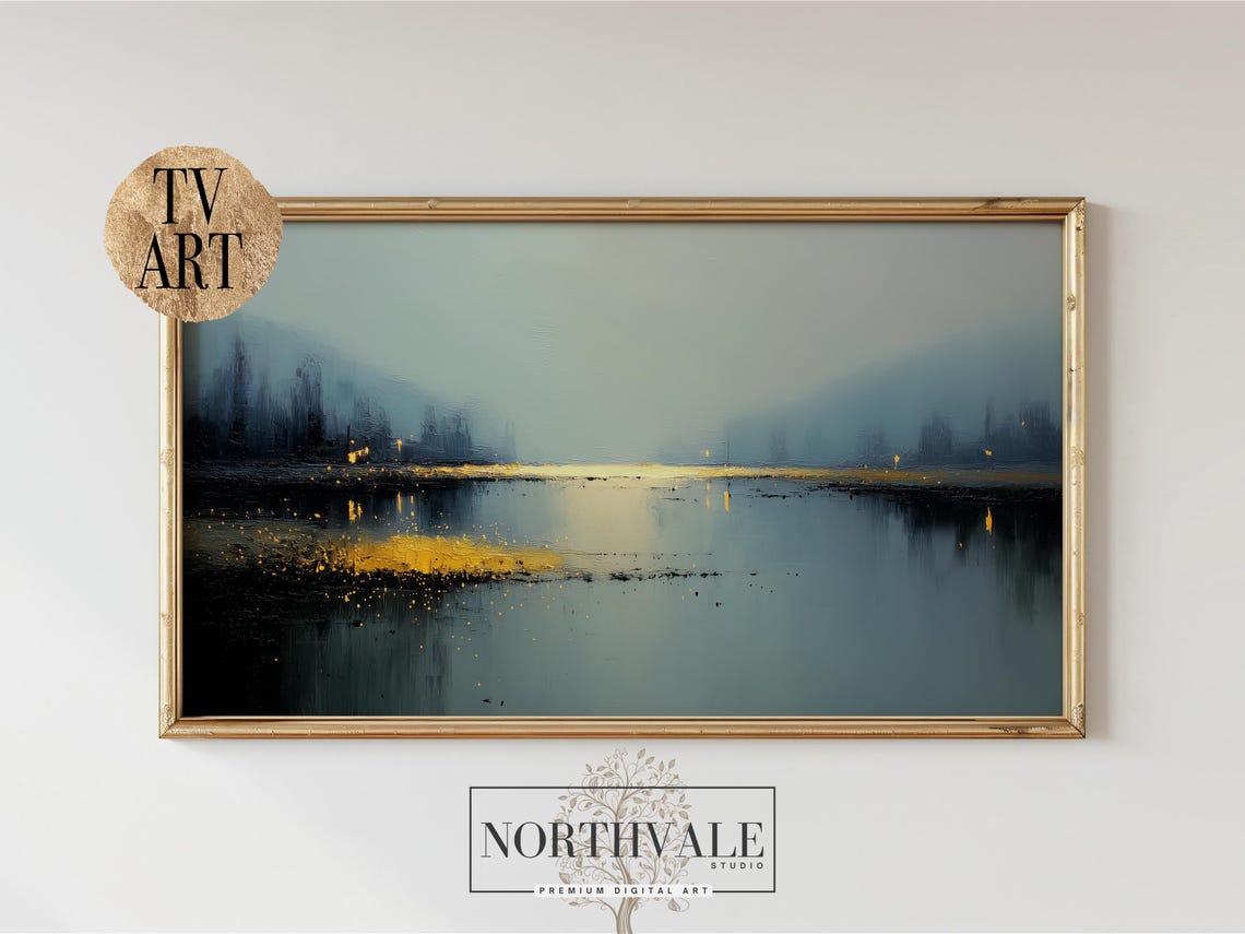 Golden Horizon Lake Reflection Twilight Moody Landscape Oil Poster