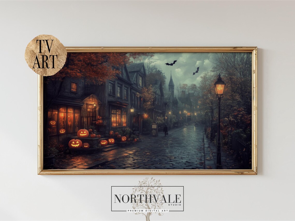Vintage Halloween Town Street Scene with Pumpkins Lamps and Bats Poster