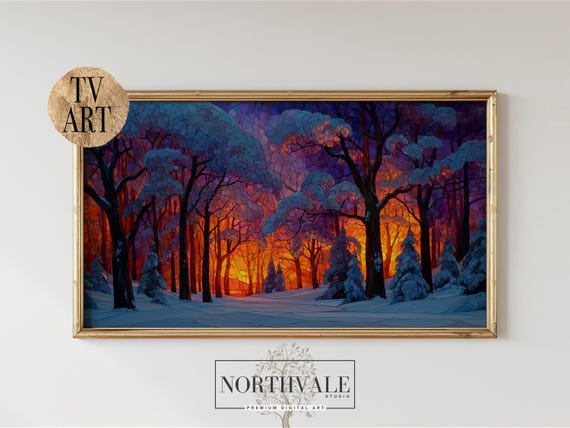 Winter Sunset Frame Tv Art Stained Glass Style Snowcovered Trees Vibrant Colorful Sky Rustic Wall Decor 138