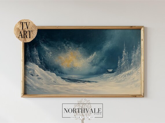 Moody Winter Snowstorm Night Landscape Textured Oil Art Poster