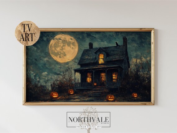 Haunted House Halloween Frame Tv Art Spooky Night Scene Decor Moonlit Pumpkin Gothic Cottage Wall 3