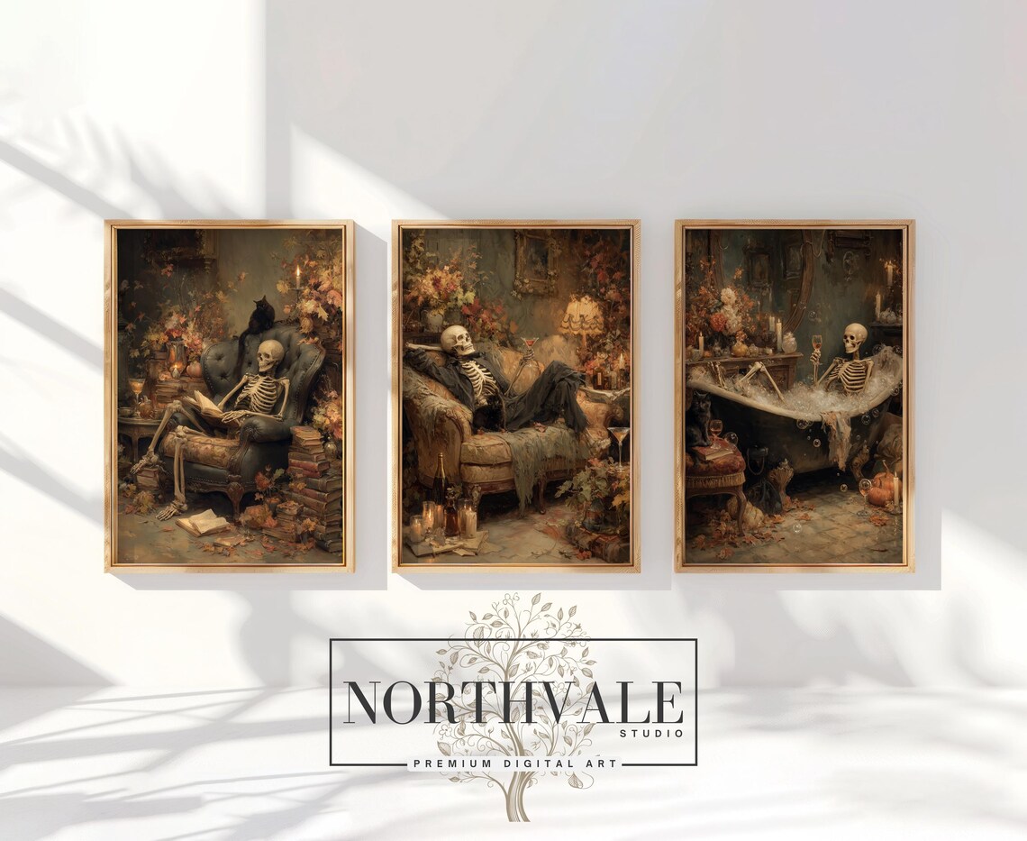 Gothic Skeleton Halloween Trio Oil Painting Poster Wall Set of 3