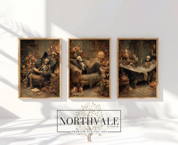 Vintage Halloween Skeleton Art Set Spooky Gothic Wall Prints Fancy Decor Autumn 30