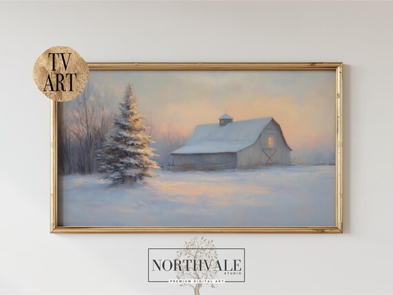 Rustic White Barn Snowy Field Winter Sunset Landscape Poster