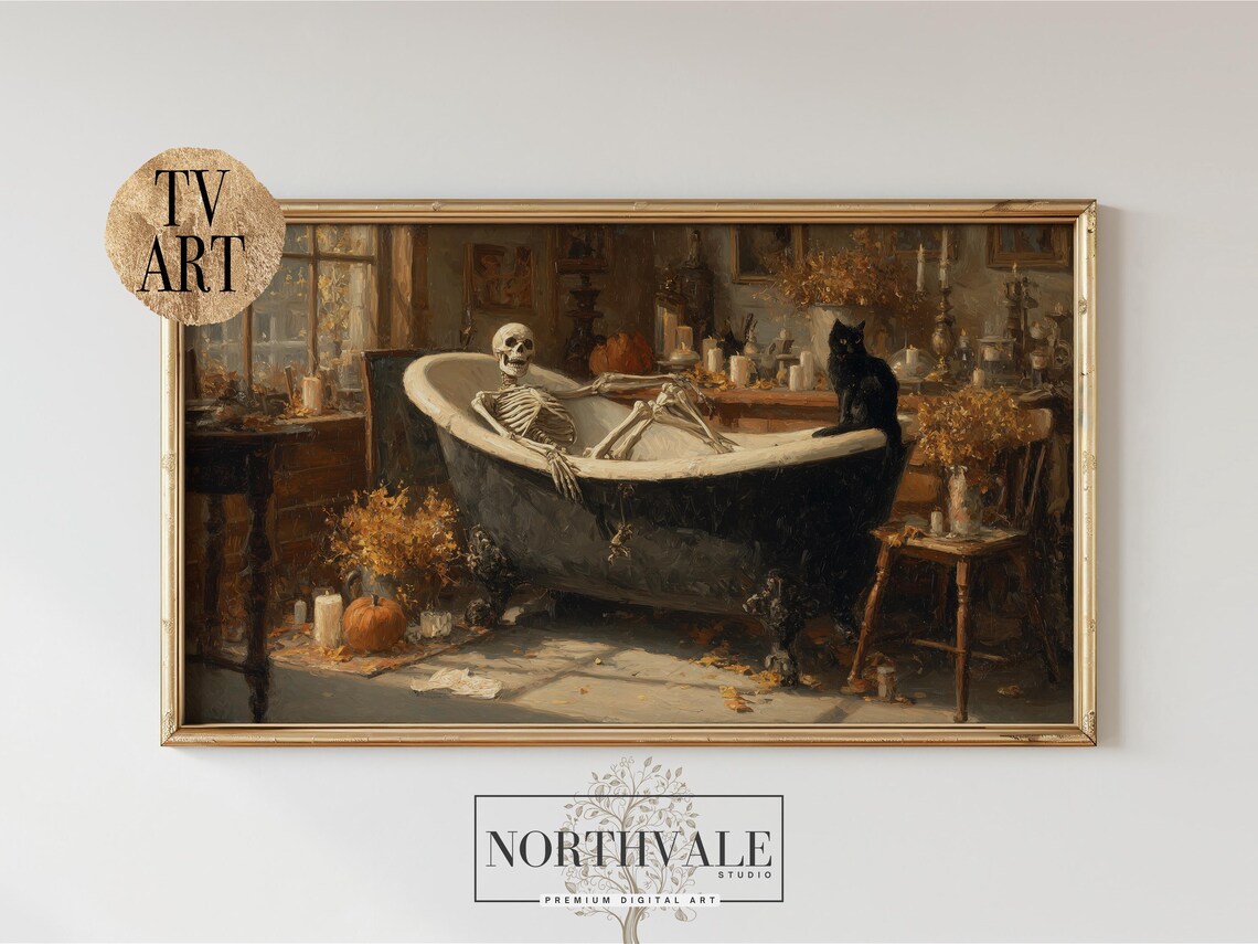 Vintage Skeleton Bathtub Scene Frame Tv Art Moody Antique Halloween For Rustic Decor Wall 66