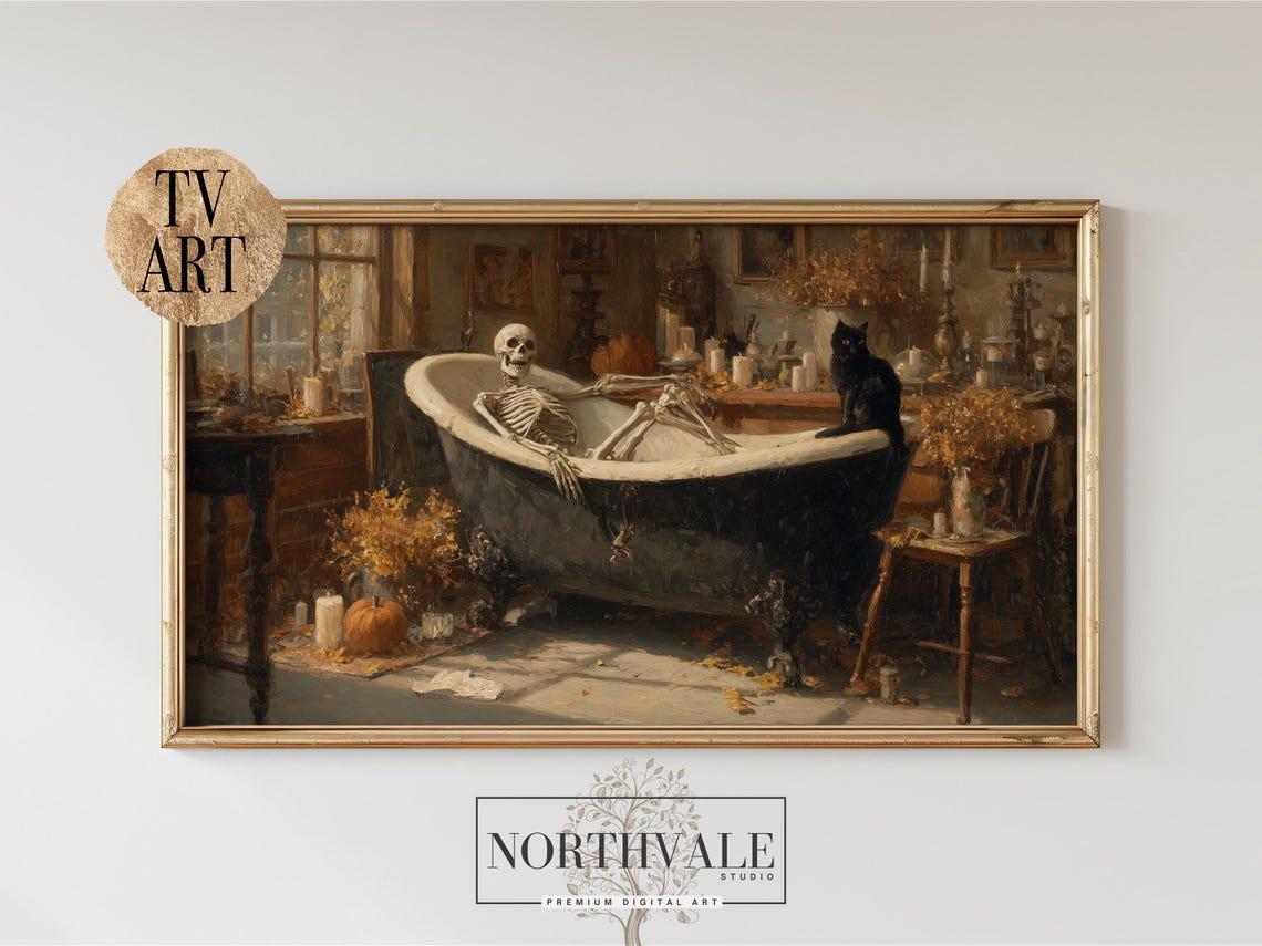 Vintage Skeleton In Antique Bathtub Black Cat Moody Halloween Poster
