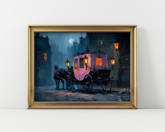 Evening Carriage In Misty Street Moody Pink Art Vintage Lantern Scene Gothic Wall Decor Painting 140