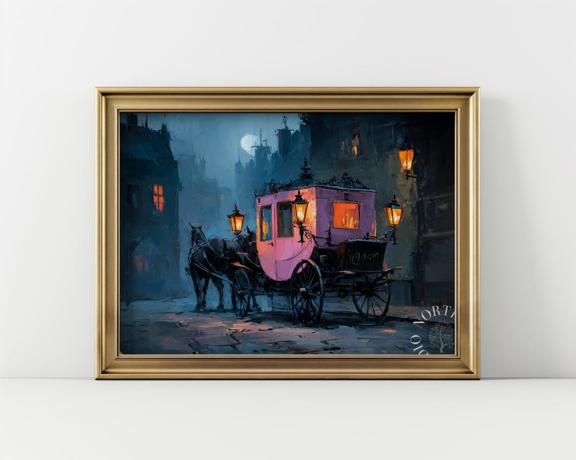 Vintage Pink Horse Carriage Misty Night Street Lantern Wall Art