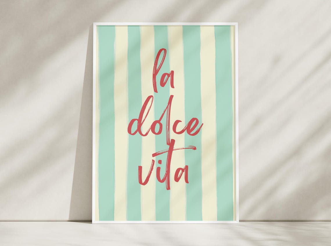 La Dolce Vita Script Quote Poster Mint Green Striped Wall Art Print - Image 4