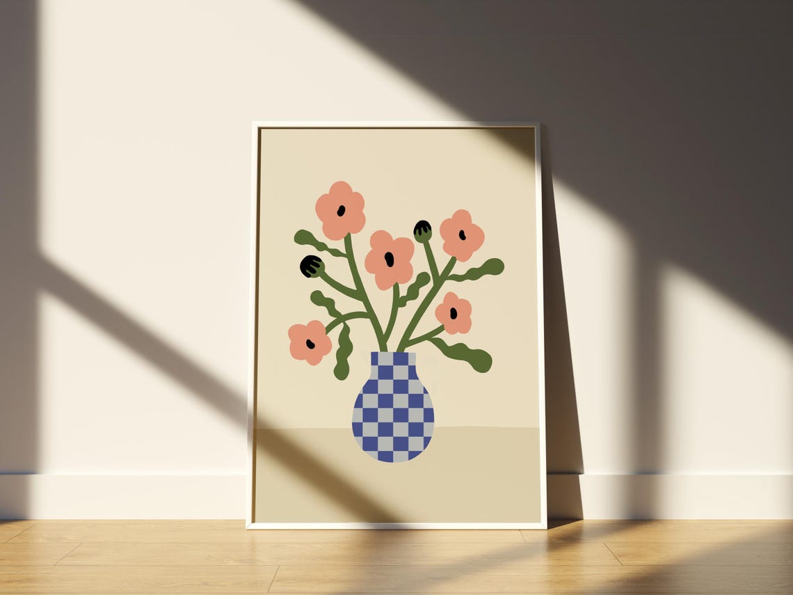 Pink Poppies in Blue Checkered Vase Floral Illustration Poster - Image 5