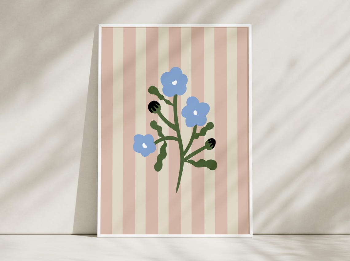 Blue Flower Stem Illustration on Pink Cream Striped Floral Poster