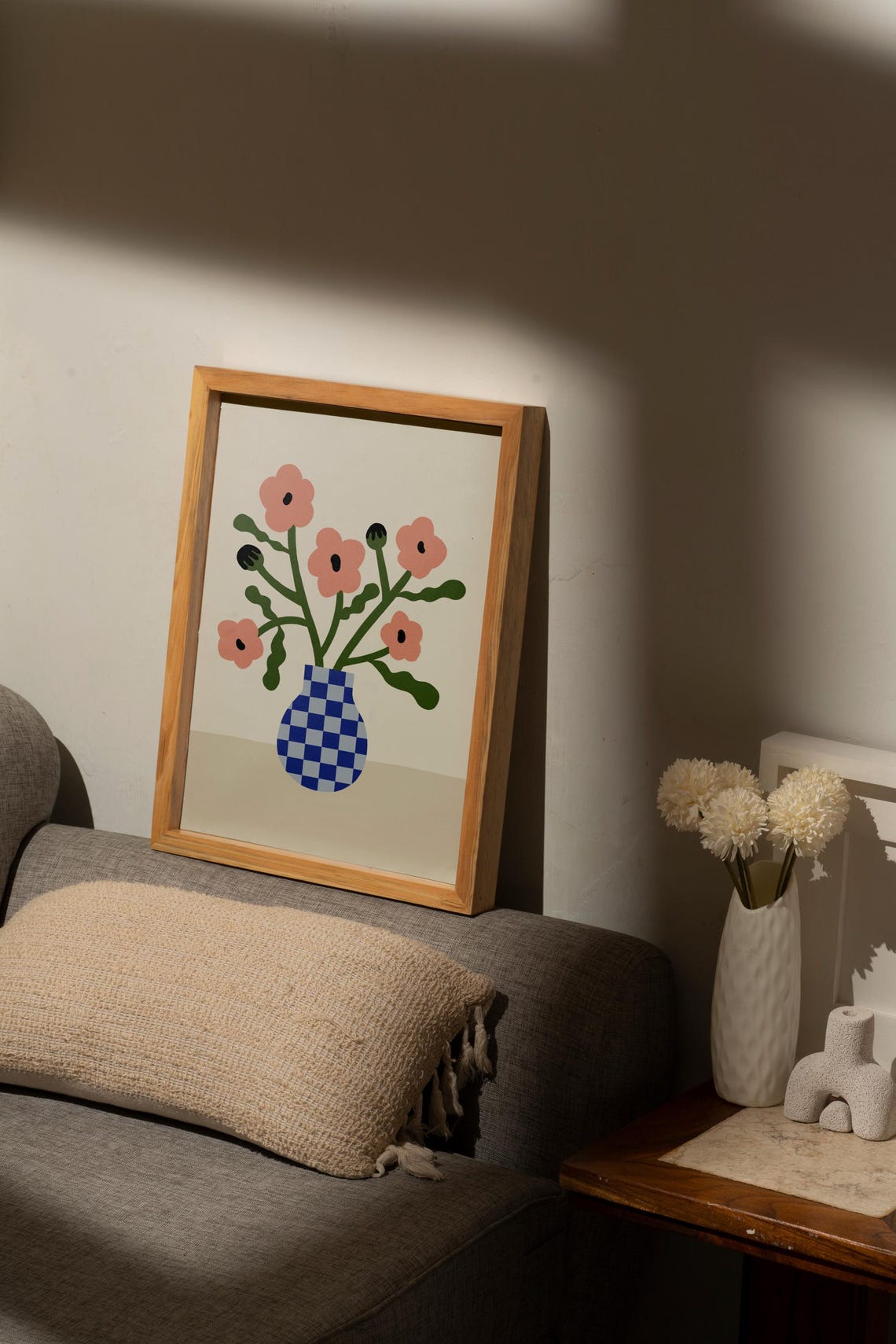 Pink Poppies in Blue Checkered Vase Floral Illustration Poster - Image 4
