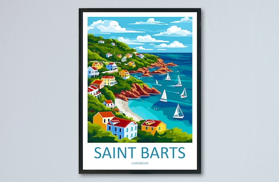 Saint Barts Caribbean Coastal Hills Sailboats Retro Travel Poster