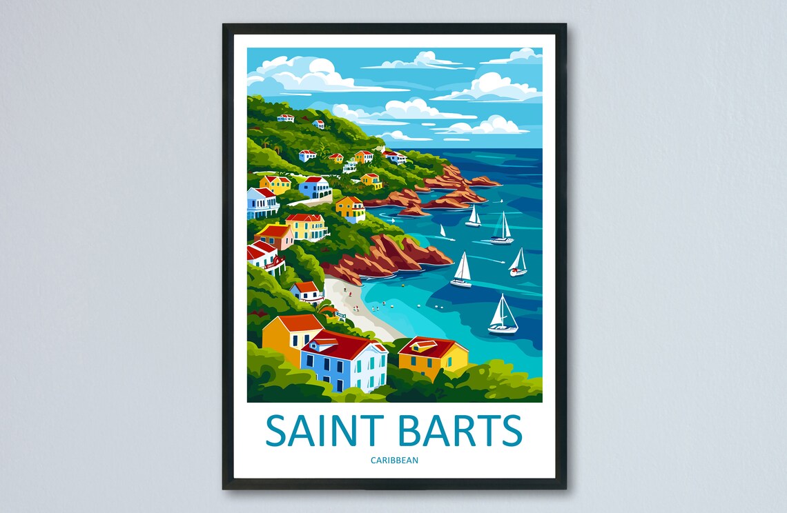 Saint Barts Caribbean Coastal Hills Sailboats Retro Travel Poster