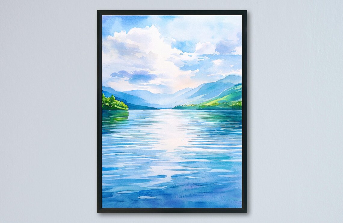 Loch Lomond Calm Blue Water Green Mountains Watercolor Poster