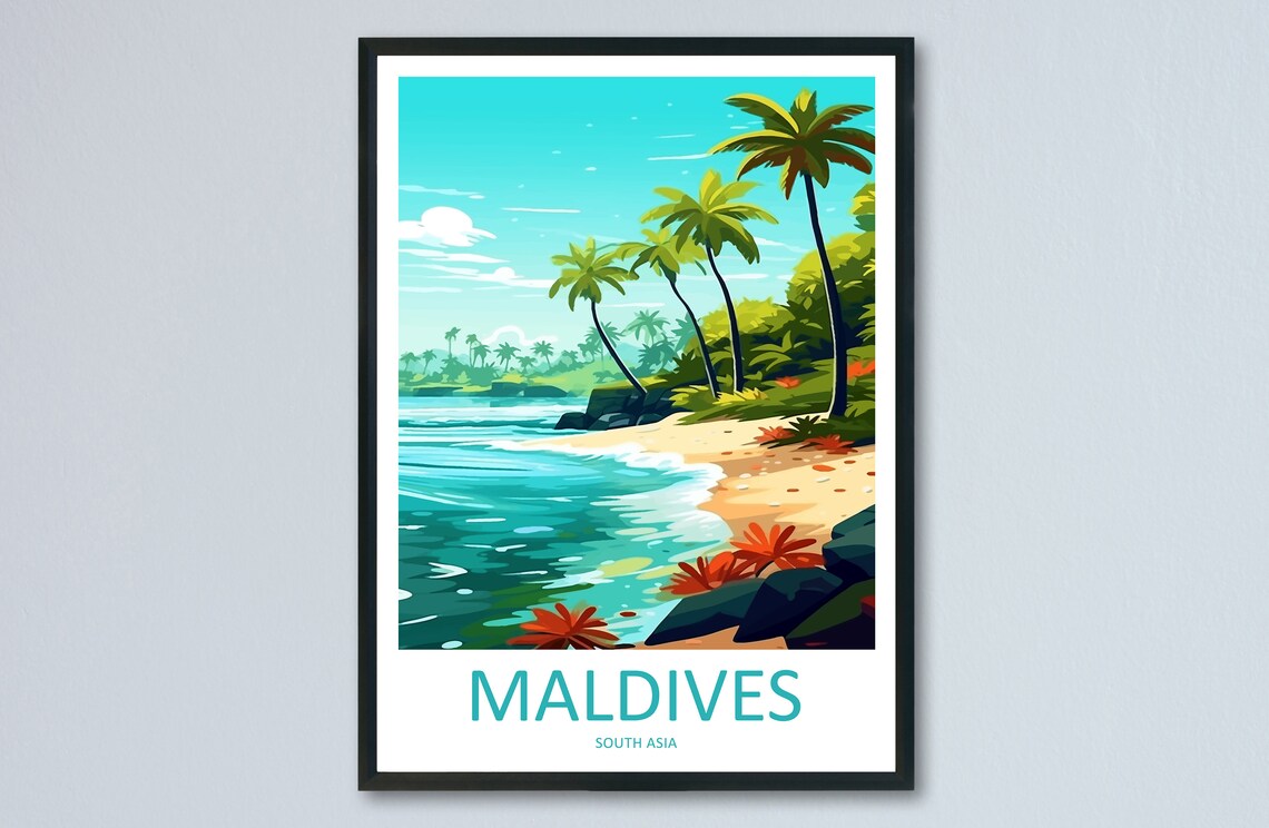 Maldives Tropical Palm Beach Turquoise Lagoon Island Travel Poster