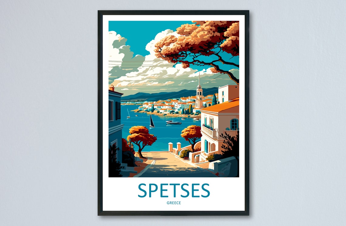 Beautiful Sunny Spetses Greece Harbor Town Vintage Travel Art Poster