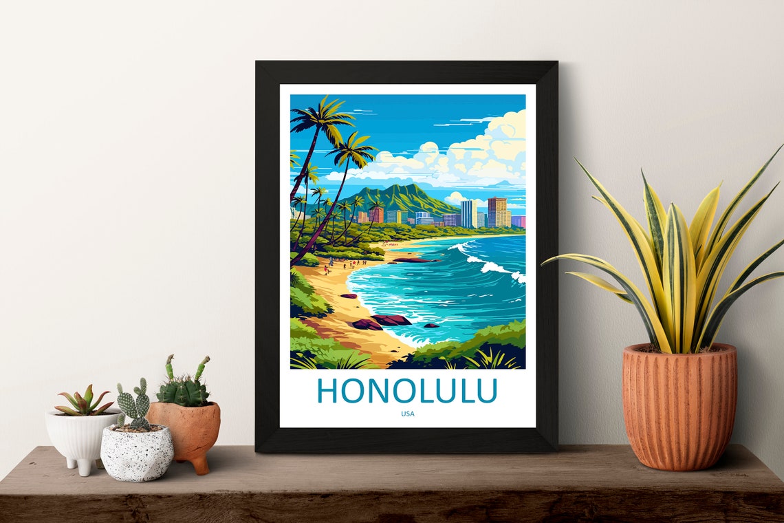 Honolulu Hawaii Waikiki Beach Palm Trees and Diamond Head Poster - Image 3
