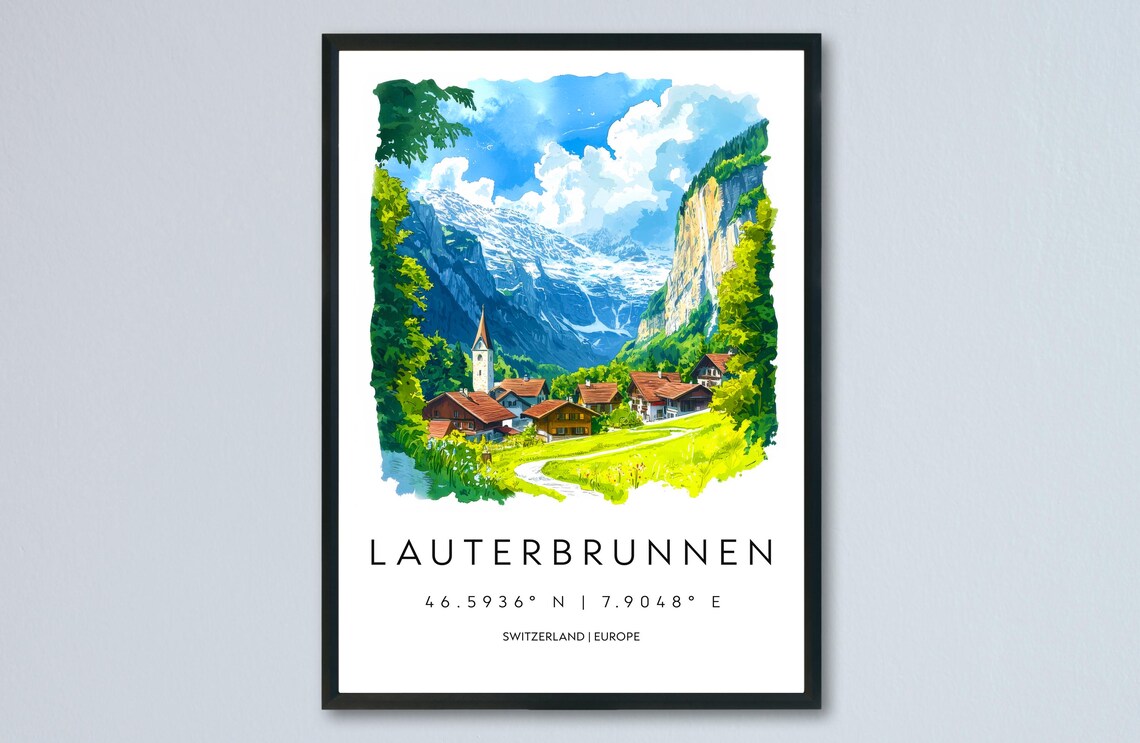 Lauterbrunnen Switzerland Alpine Valley Watercolor Travel Poster