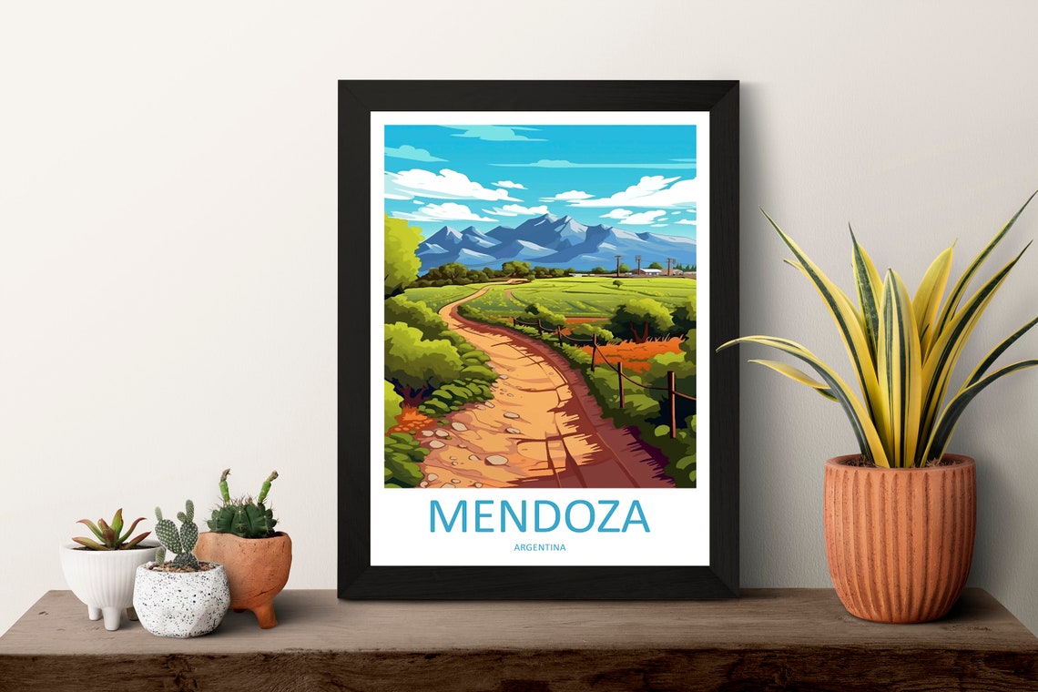 Mendoza Argentina Country Road Green Fields Andes View Travel Poster - Image 3