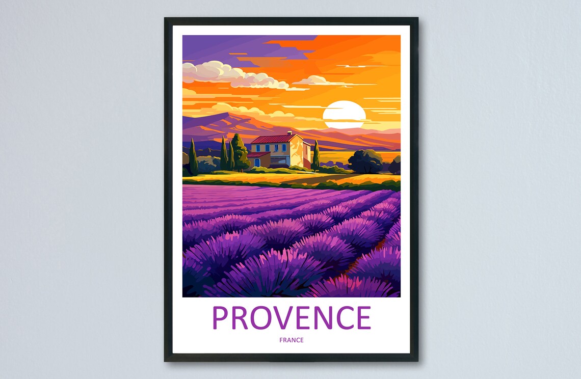 Golden Provence France Lavender Field Sunset Farmhouse Art Poster