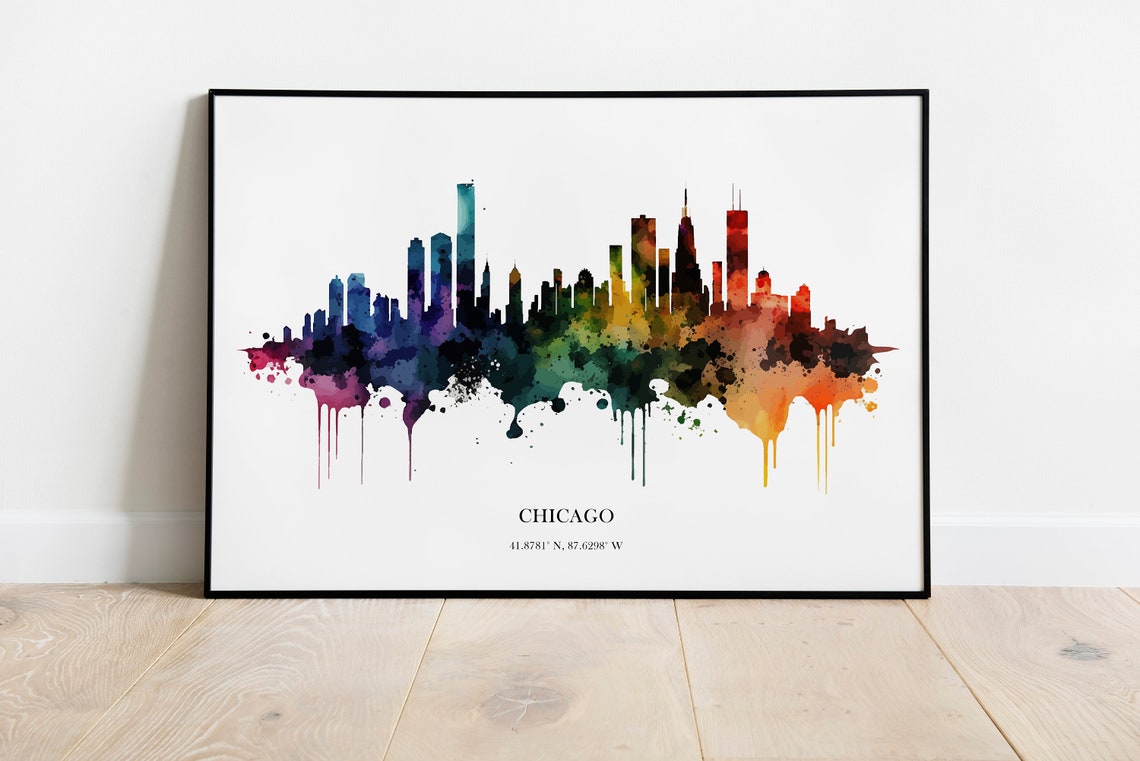 Chicago Watercolor Skyline Poster with Rainbow City Coordinates