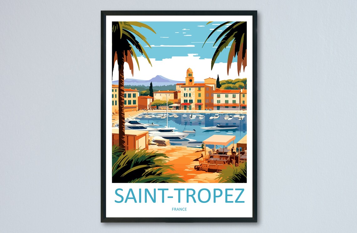 Saint Tropez French Riviera Harbor Sailboats Retro Travel Poster