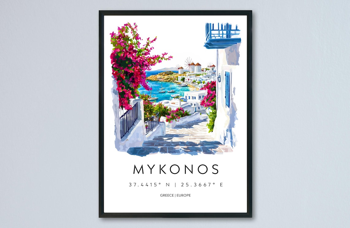 Mykonos Greece Whitewashed Village Street Windmills Travel Poster