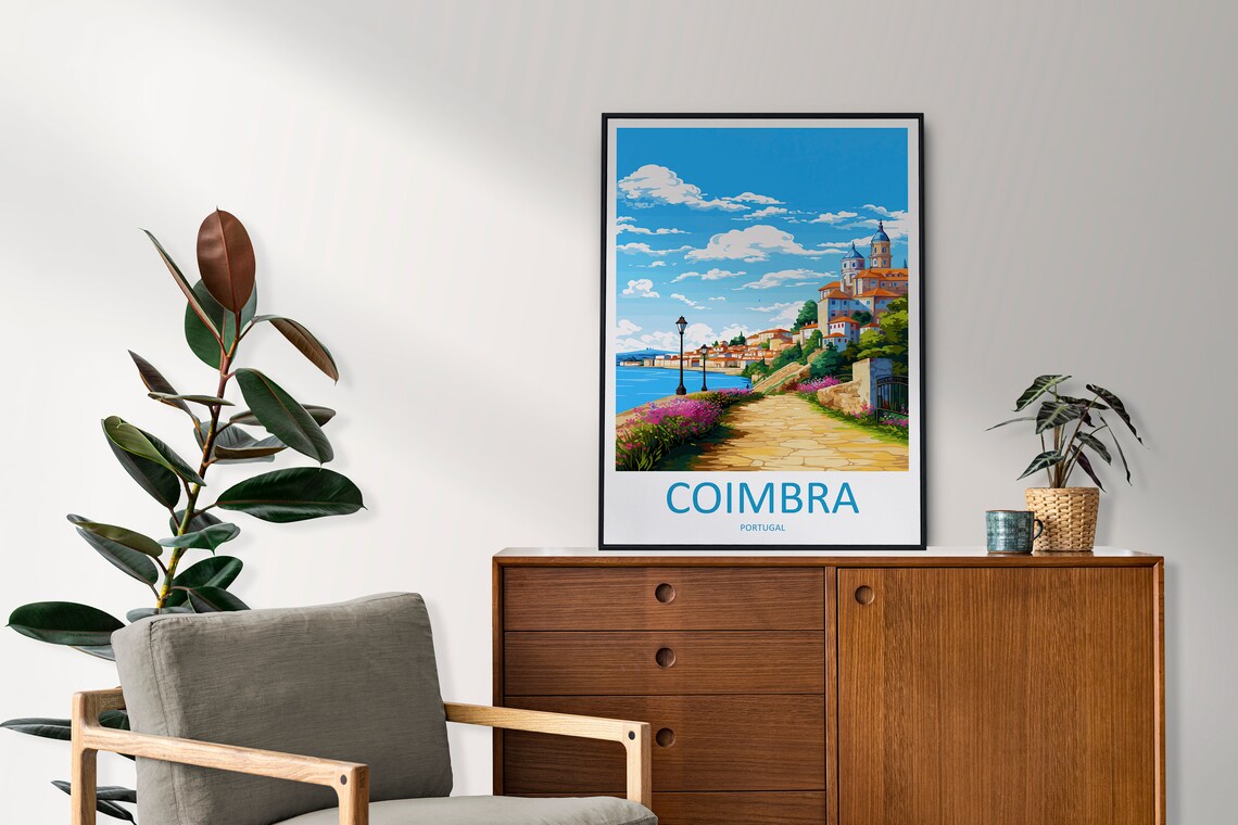 Coimbra Portugal Riverside Stone Path Flowers Church Travel Poster - Image 2