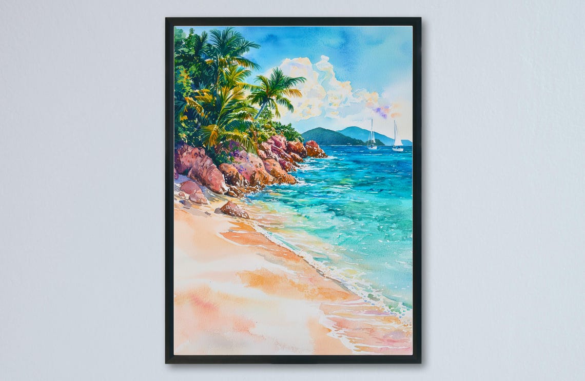 Tropical Caribbean Beach Palms Turquoise Water Watercolor Poster