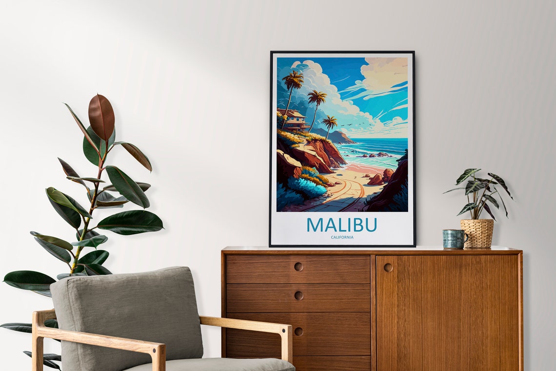 Malibu California Coastal Cliffs Beach House Sunset Travel Poster - Image 2
