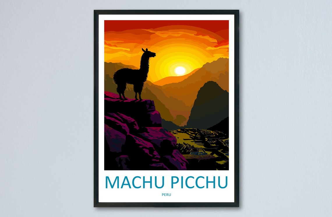 Machu Picchu Peru Llama Silhouette Fiery Sunset Valley Travel Poster