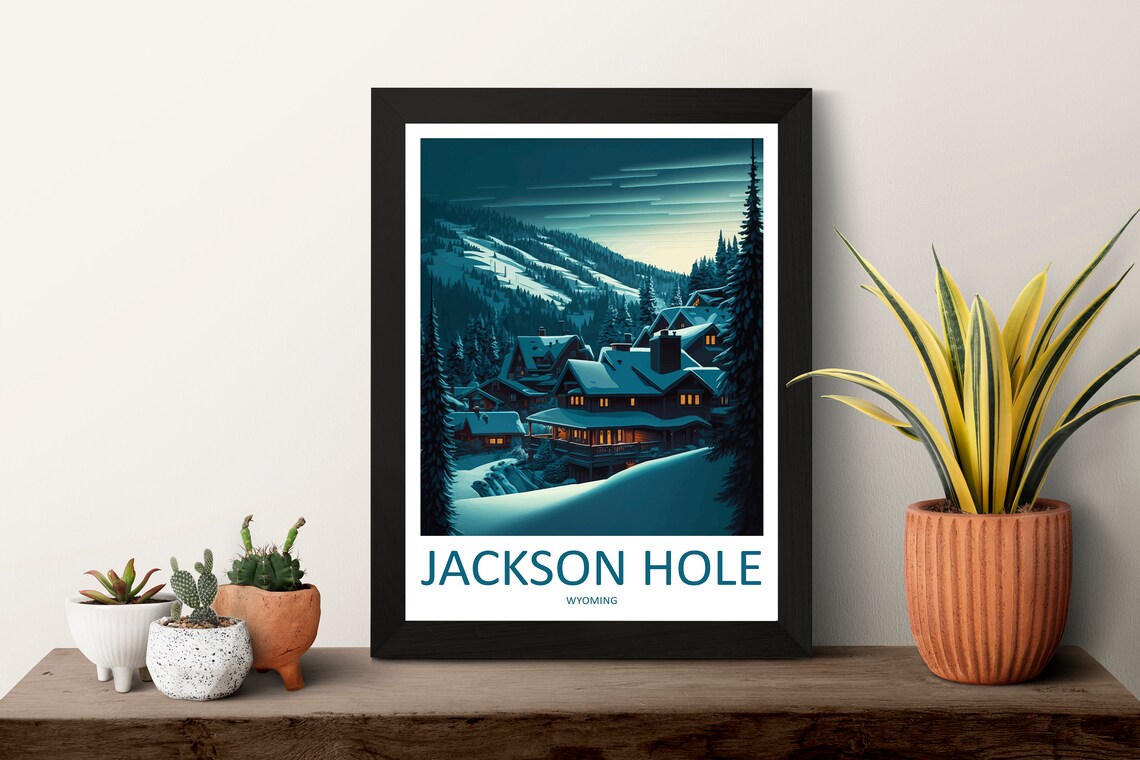 Jackson Hole Wyoming Cozy Ski Lodge Winter Dusk Snow Travel Poster - Image 3