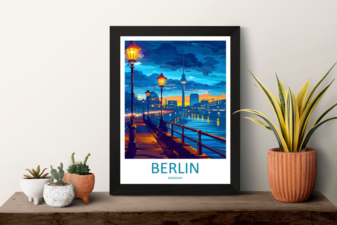 Berlin Evening TV Tower Riverside Promenade Cityscape Travel Poster - Image 3