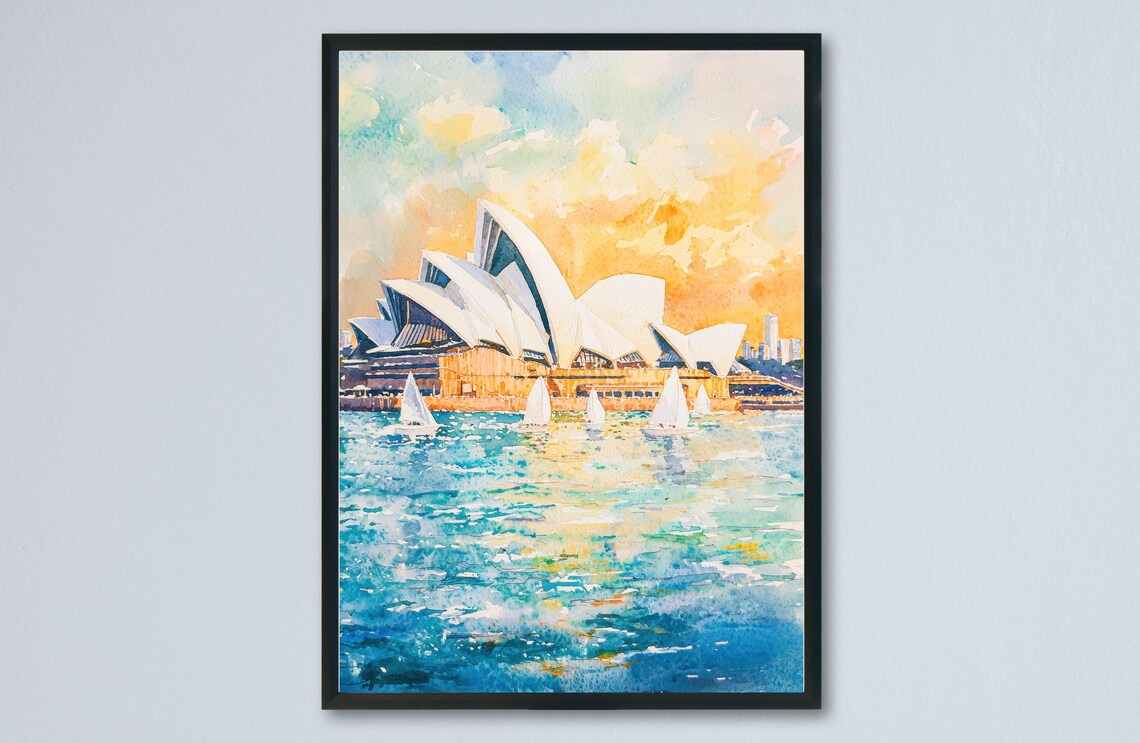 Sydney Opera House Sailboats Harbor Sunset Watercolor Poster