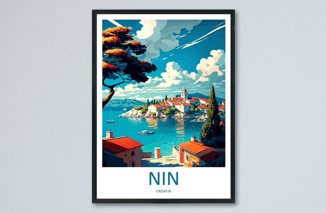 Nin Croatia Red Roof Coastal Old Town Bay Harbor Travel Poster