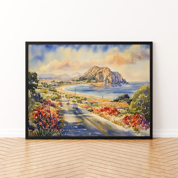 Winding Coastal Road to a Sandy Beach with Rocky Sea Stack Watercolor Poster