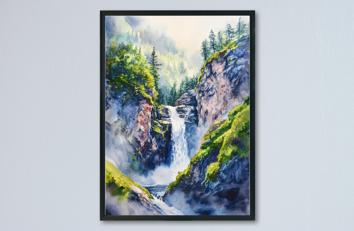Reichenbach Falls Waterfall Misty Gorge Watercolor Travel Poster