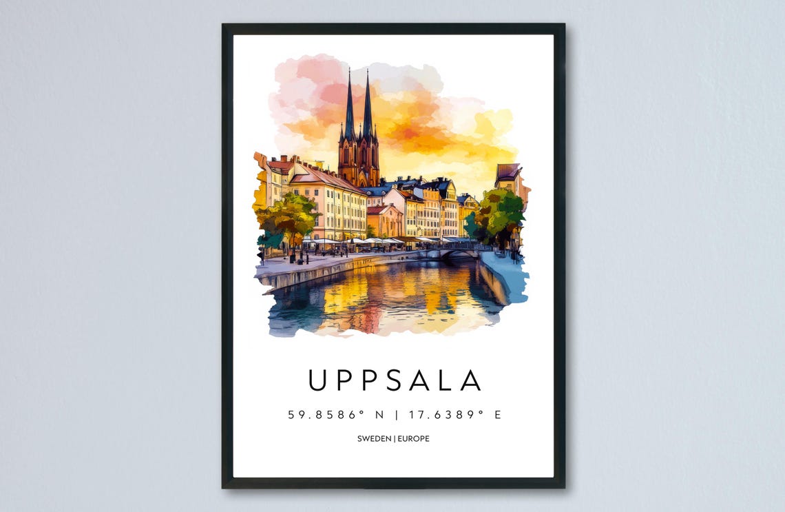 Uppsala Cathedral Sunset Watercolor Sweden Riverside Art Poster