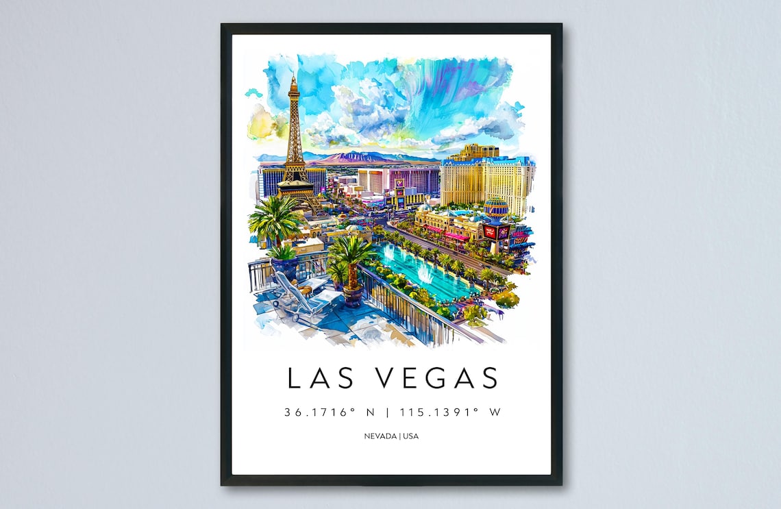 Las Vegas Strip Watercolor Eiffel Tower Casino Nevada Travel Poster